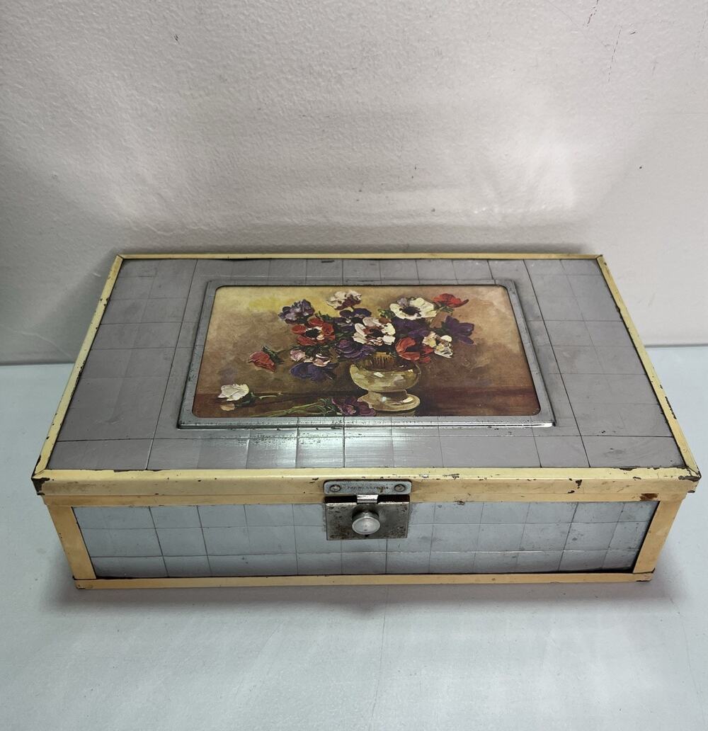 Vintage Chromium Dresser Box Floral Print Heart Mirror Wood Metal
